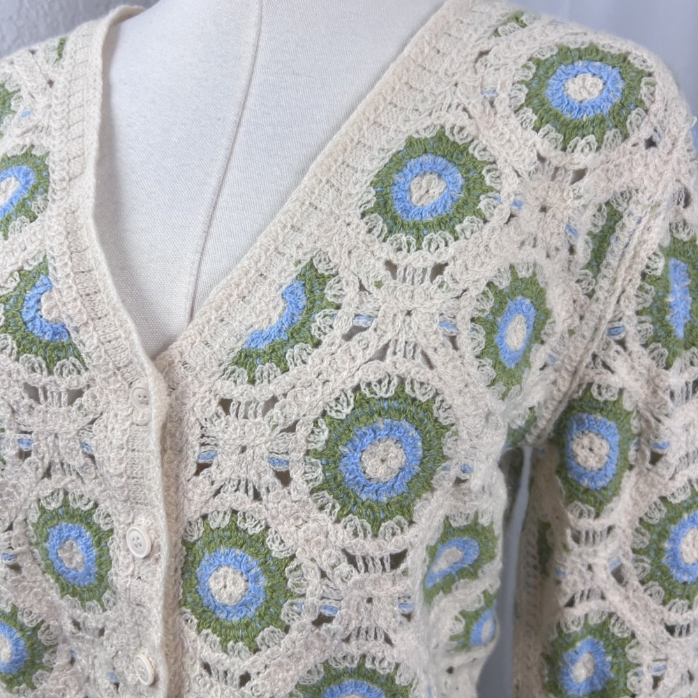 Y2K Granny Square Sweater Womens OS Cream Semi Crop Cardigan Boho Cottagecore - Picture 2 of 9